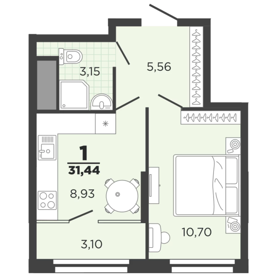 1-ая квартира площадью 31.44 с улучшенной планировкой